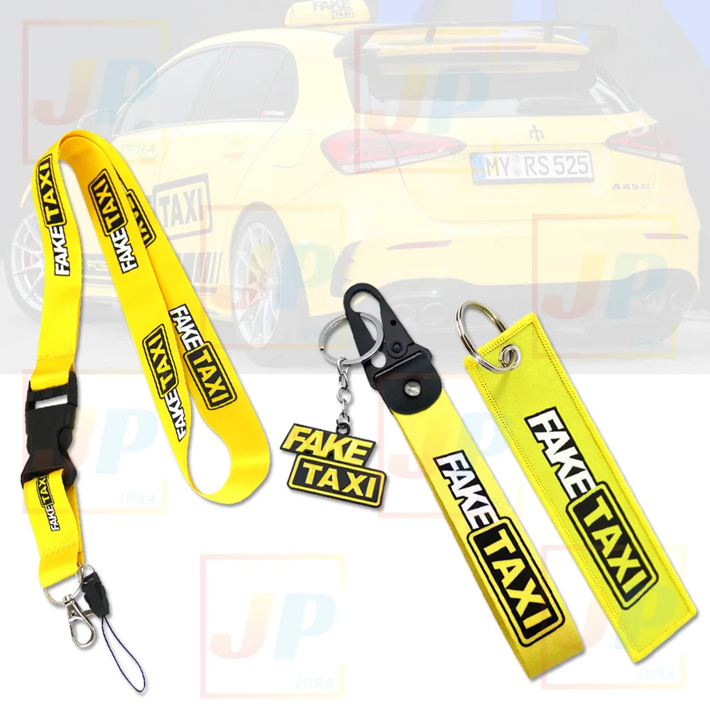 FAKE TAXI JDM Style Yellow Keychain Keyring Wrist Strap Lanyard Double-sided printing Car Modification DIY F1 Racing Gifts