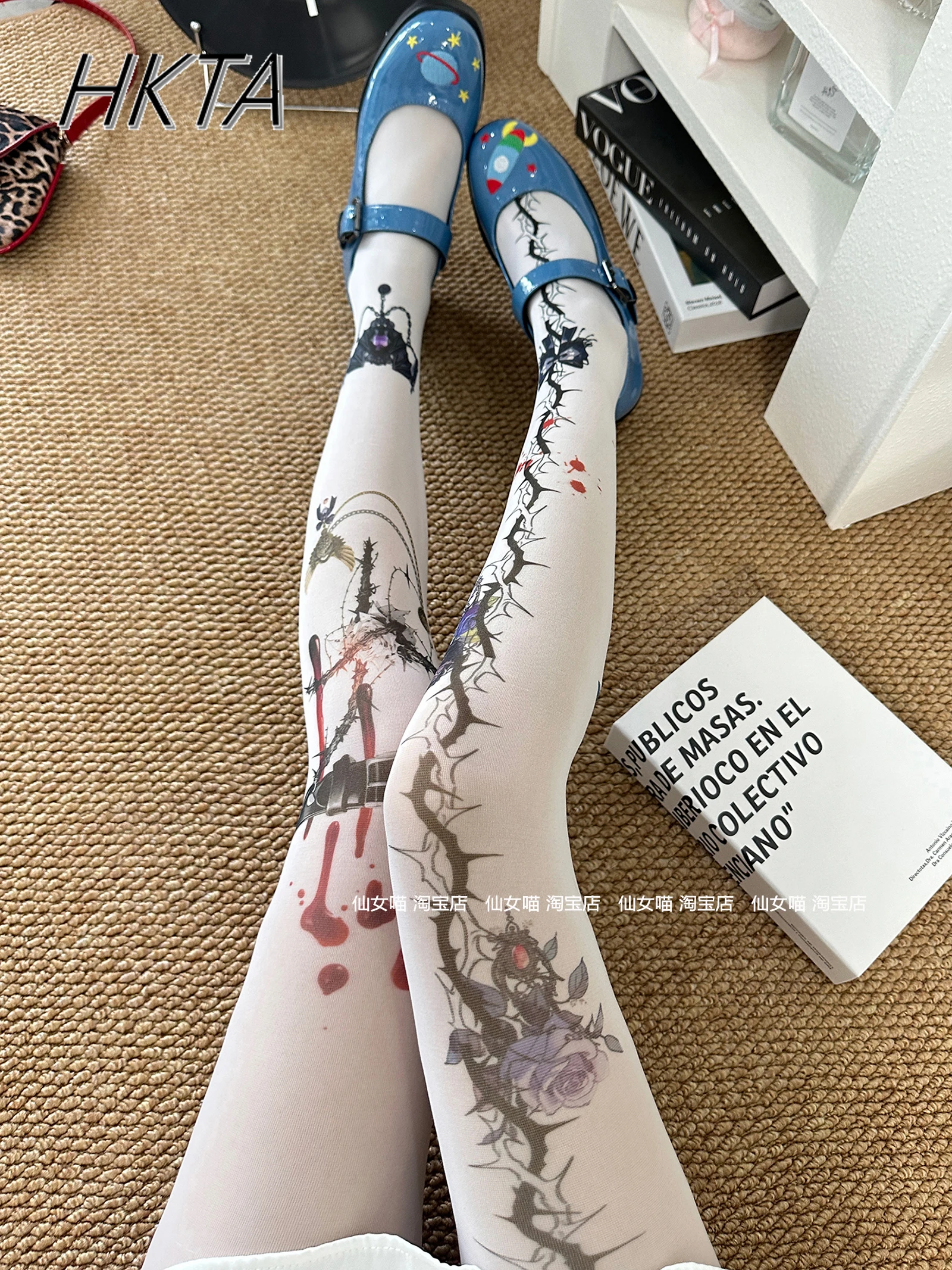 

Dark Punk Style Y2K Rose Thorn Print White Pantyhoses Women 2025 Summer New Personality Versatile Velvet Leg Tights for Female