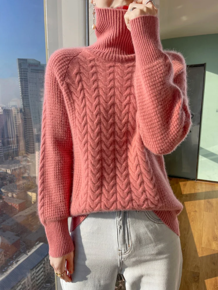 New Fashion Women's Turtleneck Sweater For Winter Thick Warm Twist Flower 100% Merino Wool Knitwear Pullover Korean Popular Top