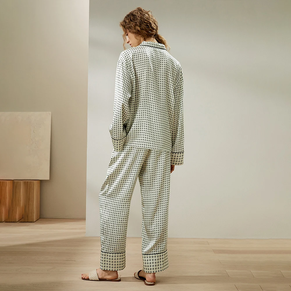 LILYSILK Women's Pena Shirt Top with Pants Ladies Printed Mulberry Silk Pajama Set Sleepwear with Chest Pocket and Lapel Collar