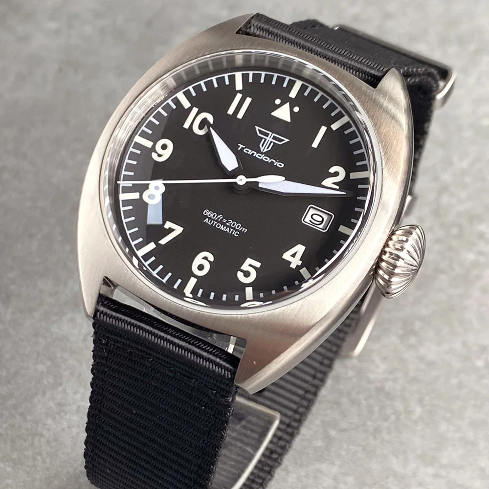 Tandorio 40mm Men Wristwatch Black Dial NH35A Movement Screw Crown Solid Back Double Bow Glass Nylon Strap Brush Date