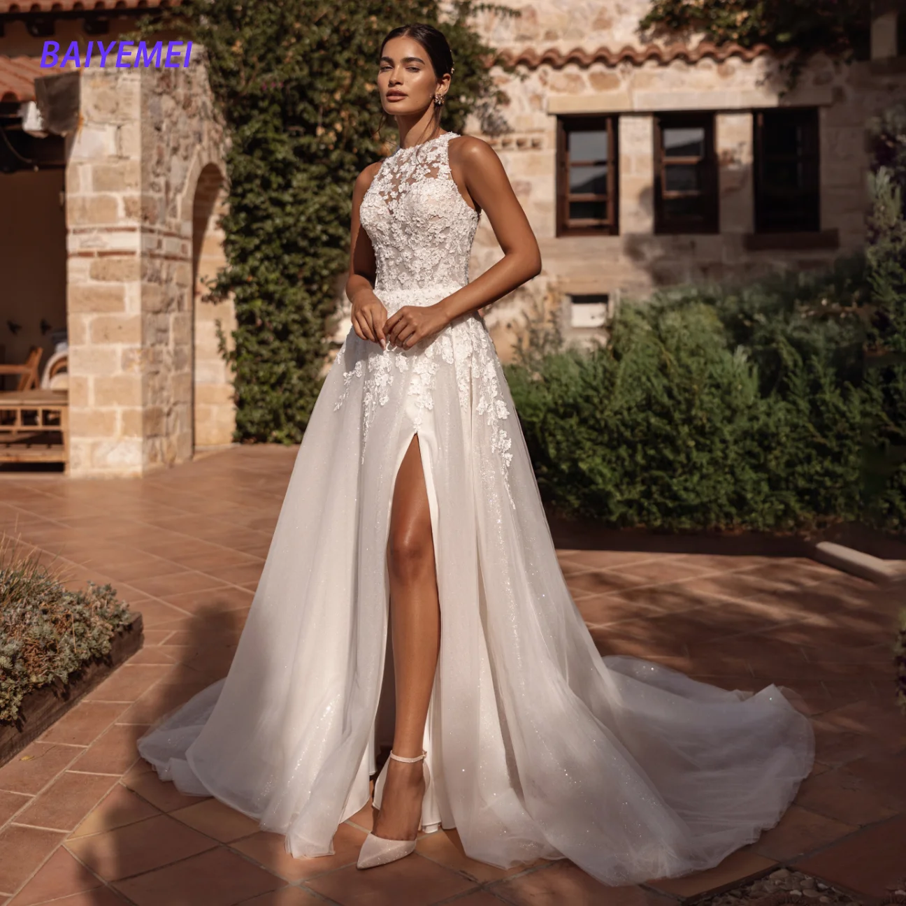 Boho Halter Neck Floral Lace Appliques Bridal Gown Sparkle Tulle A-Line Wedding Dress with High Slit & Sweep Train Customized