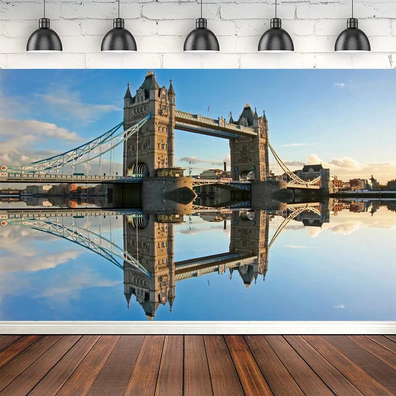 Tower Bridge Photography Backdrop River Thames London Landmark Blue Sky Clouds Scenic Background Party Decorations Studio Props