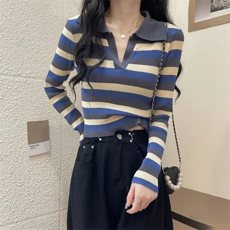 Striped Turn-down Collar Long Sleeve Pullovers Casual Office Lady T-Shirts Simplicity Slim Sweet Fashion Women\'s Clothing 2023