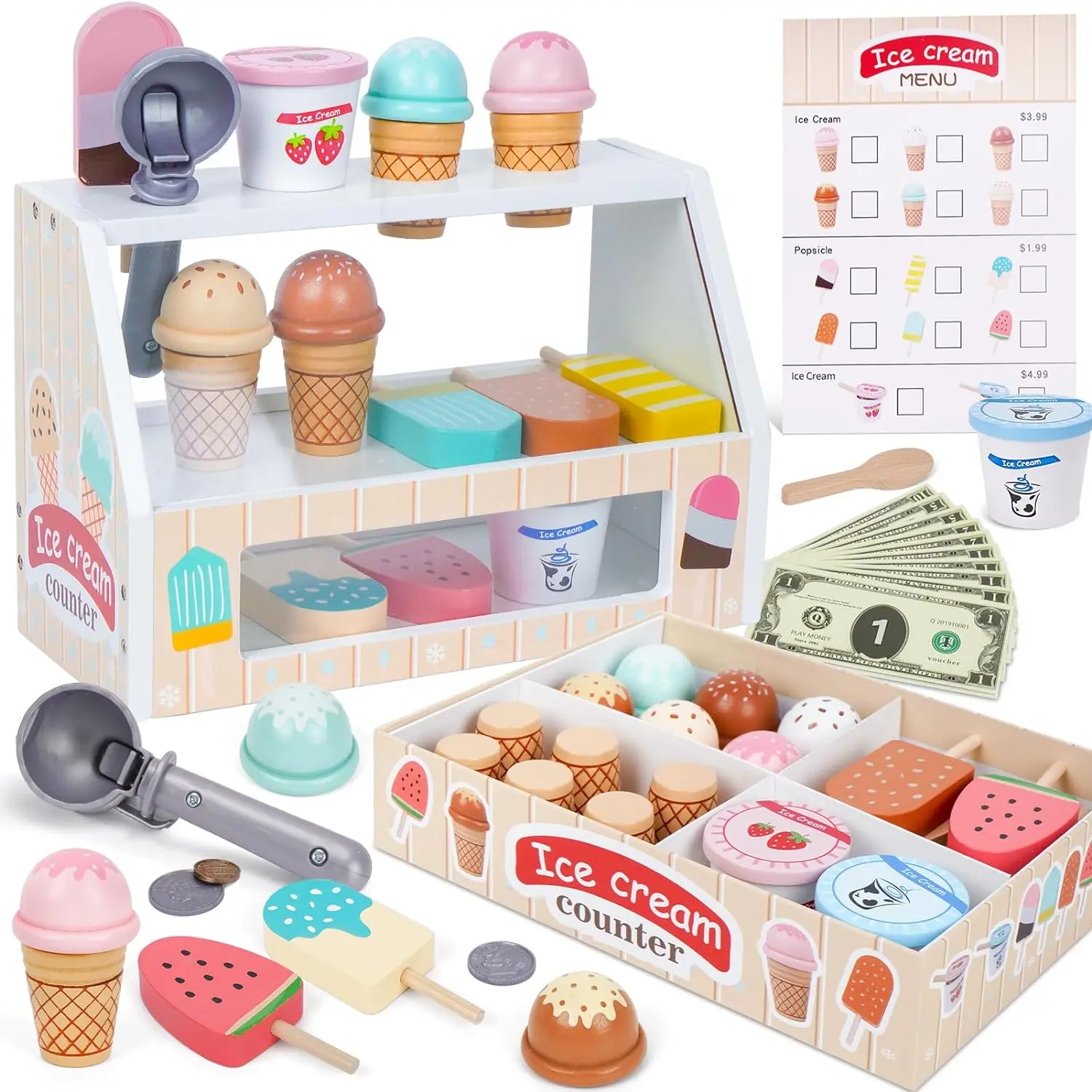 Wooden Pretend Toys Simulation Ice Cream Counter Playset Pretend Play Toys Kitchen Accessories Montessori Learning Toy for Kids