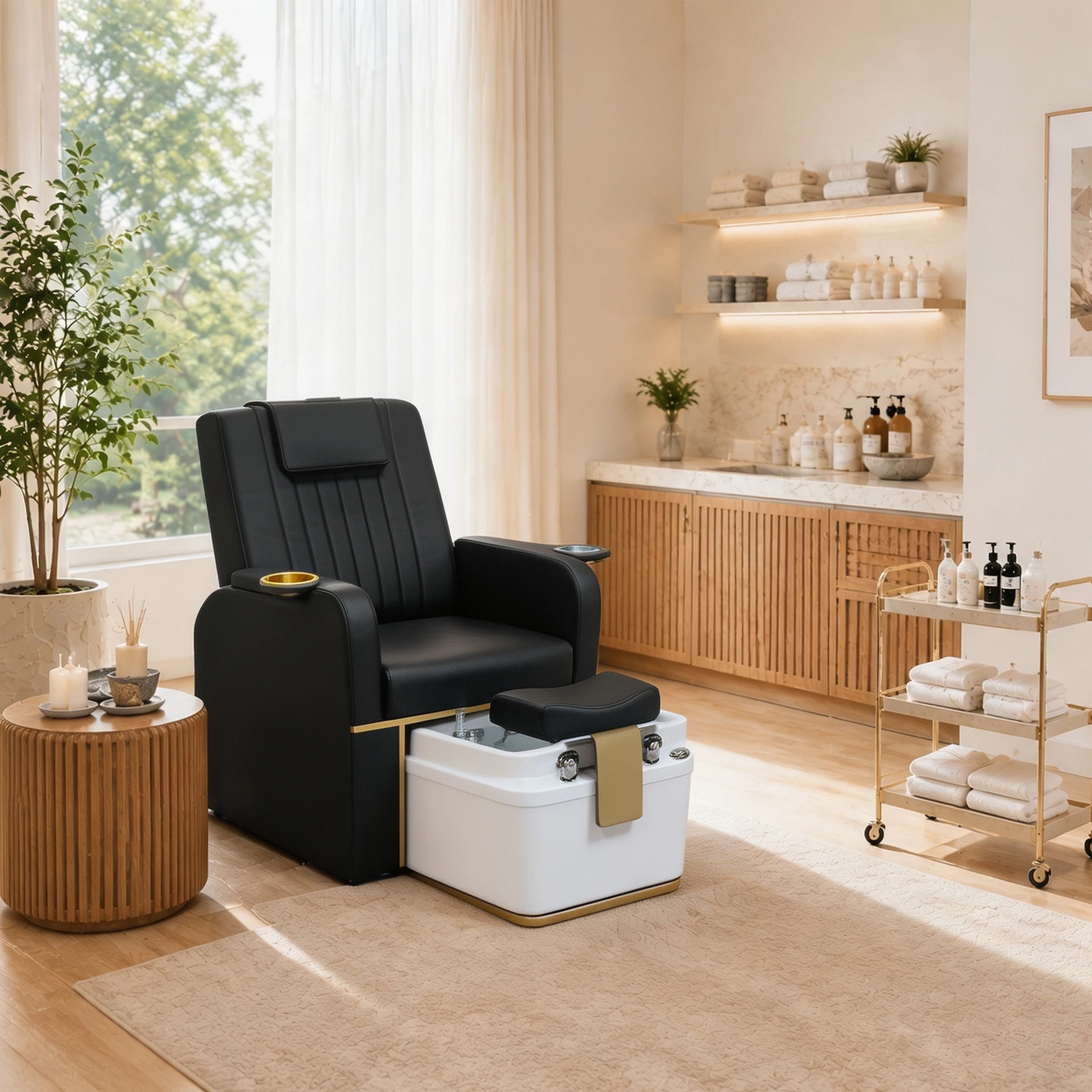 Luxury Pedicure Chair with Built-in Foot Spa Tub, PU Leather Salon Foot Massage Chair Dual Cup Holders for Nail Beauty Spa Comme