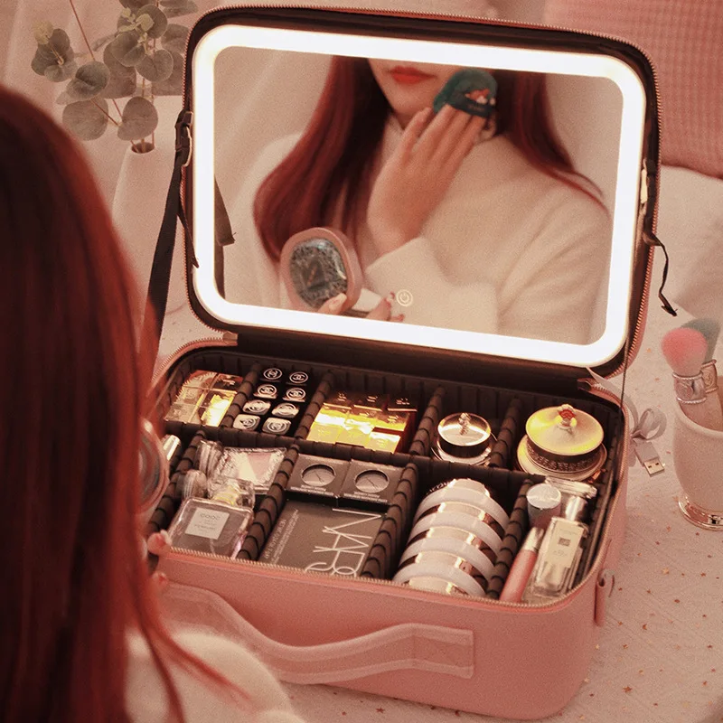 

makeup case with lighted mirror with Mirror LED Portable Cosmetic Bag Large-capacity Makeup Storage Box Make Up Bags for Women