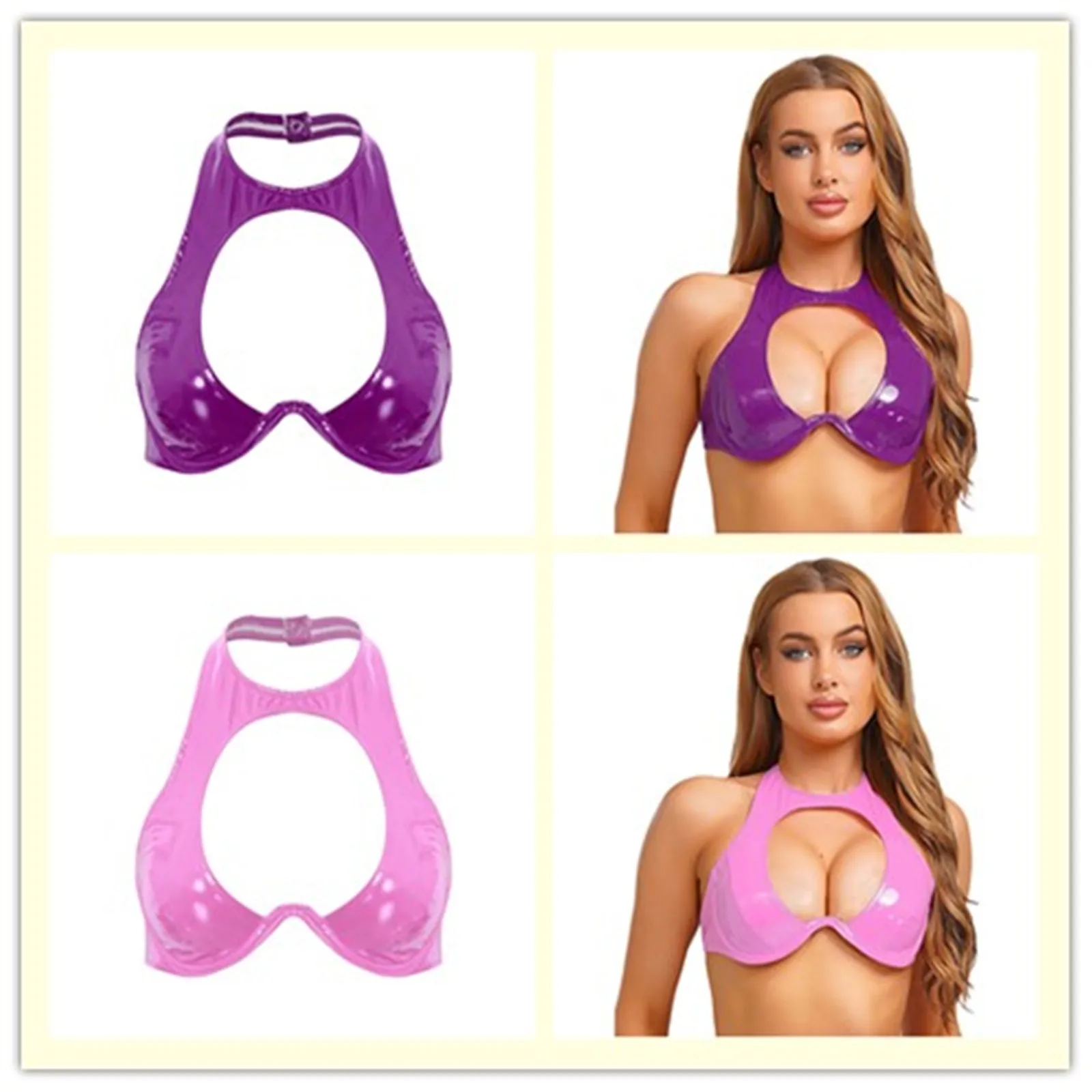 

Sexy Womens Lingerie Latex Patent Leather Bra Tops Disco Push Up Underwire Bra Cut Out Backless Bustier Clubwear Nightwear