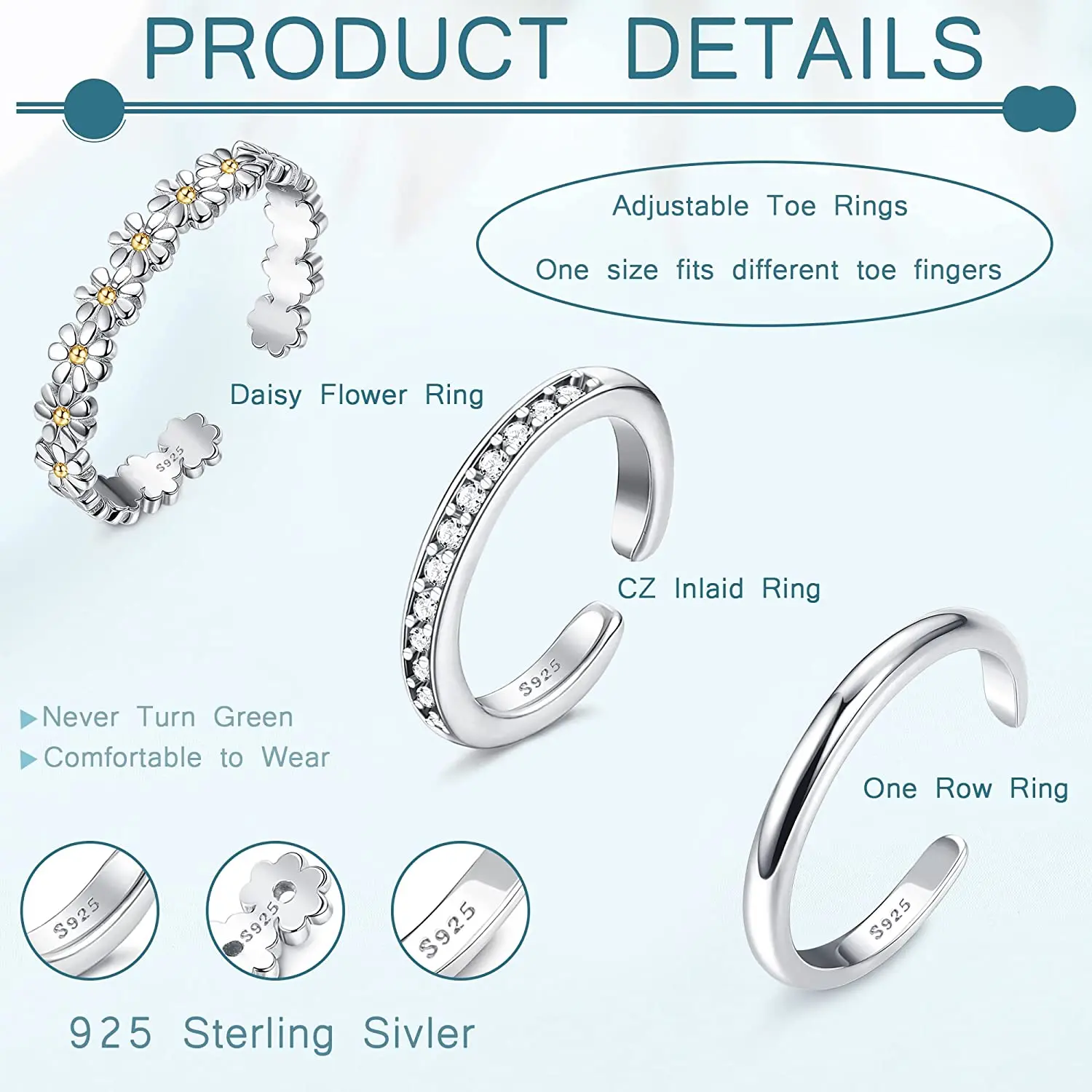 Toe Rings for Women CZ Simple Daisy Adjustable Twist Band Open Toe Rings Summer Beach Boho Barefoot Foot Jewelry