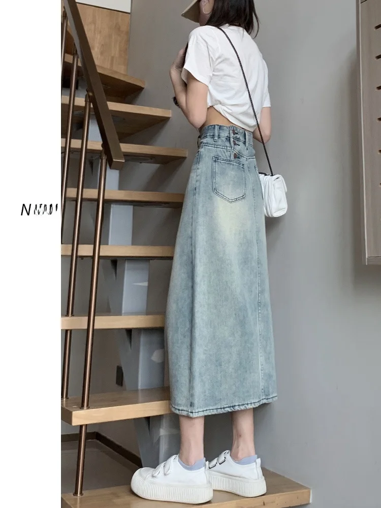 

High Waist Midi A-Line Denim Skirt for Women Summer Slimming Split Trousers Cotton Viscose Polyester Blend Commute Style