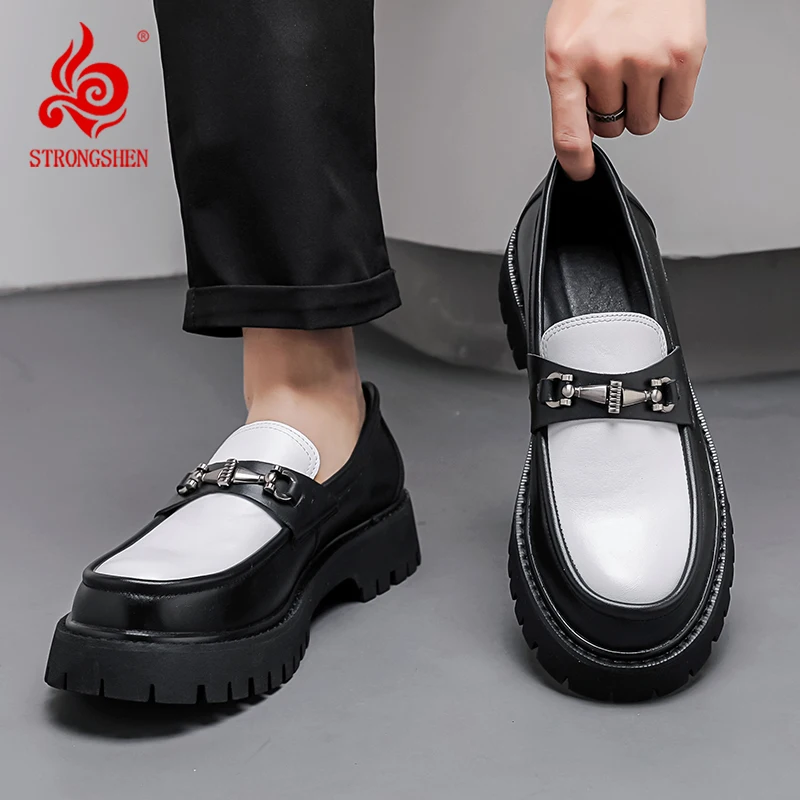 

STRONGSHEN Luxury Brand Men Classic Loafers Casual Leather Shoes High Quality Black White Thick Bottom Outdoor Dress Shoes