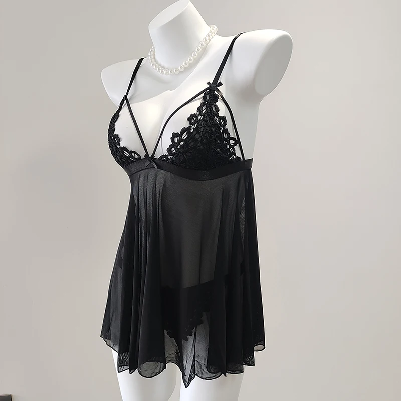 Sexy französisches Schlafkleid, Schlinge, hohl, Schmetterlingsknoten, Spitze, Nachtwäsche, Sommer, transparent, Versuchung, Babydoll, rückenfreies Nachthemd
