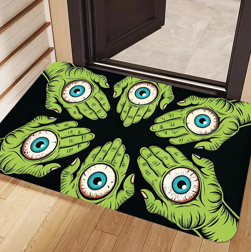 Gothic Horror Hand Holding Eyeball Doormat Weird Monster Eye Print Absorbent Entryway Floor Mat for Front Door Home Decor