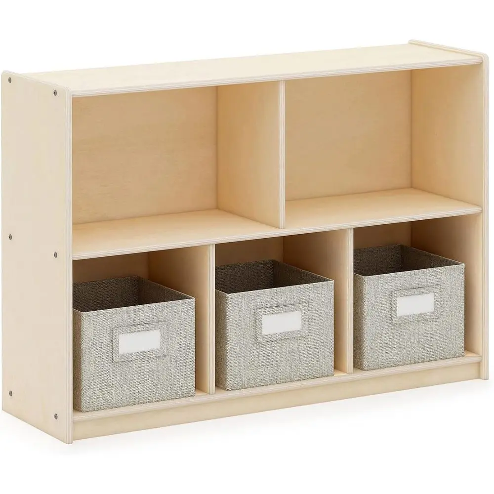 

Деревянный стеллаж для хранения с 3 тканевыми корзинами: детский книжный шкаф и органайзер для книг, игрушек, игр и школьных принадлежностей