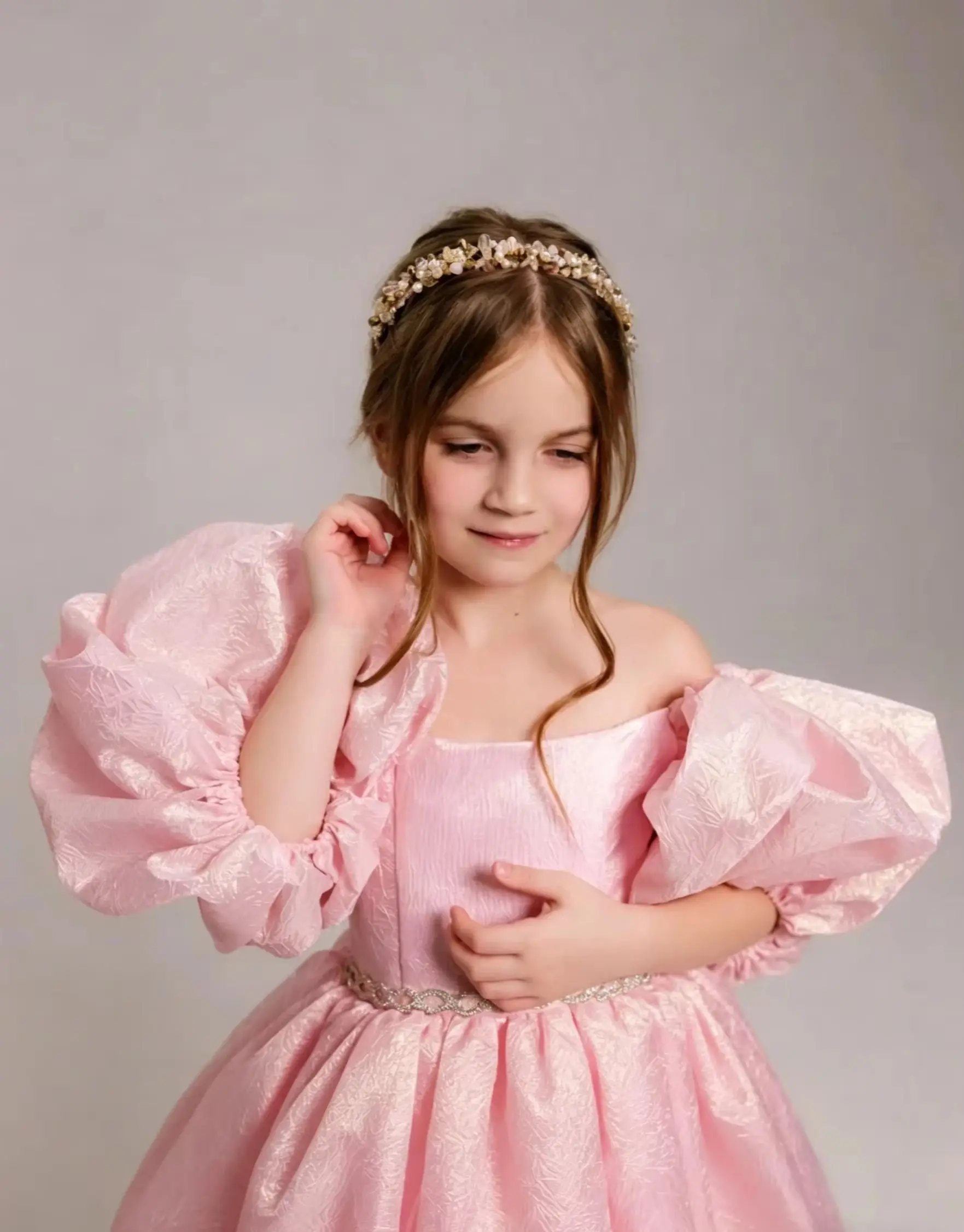

Elegant Pink First Communion Ball Gown Puff Sleeves Floor Lenght Girls Birthday Party Flower Girl Dress For Wedding Customized