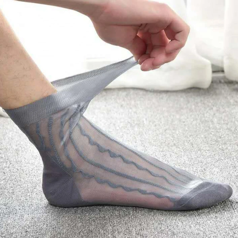 3 Pairs Ultra Thin Nylon Mid Tube Socks Mens 2024 Summer High Quality Elastic Invisible Jacquard Dress Socks Business Mens Socks