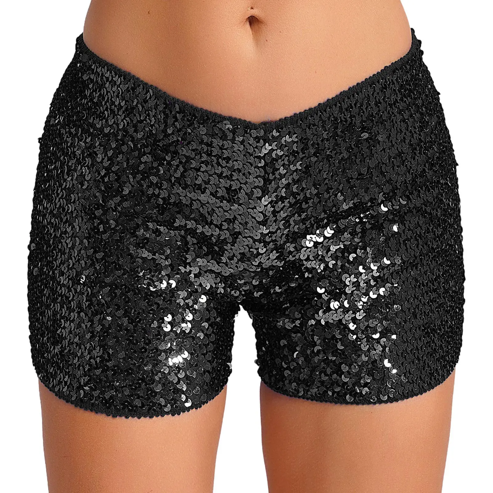 Women Shiny Sequins Low Rise Stretchy Shorts Rave Party Nightclub Pole Dancing Performance Hot Pants Music Festival Costume