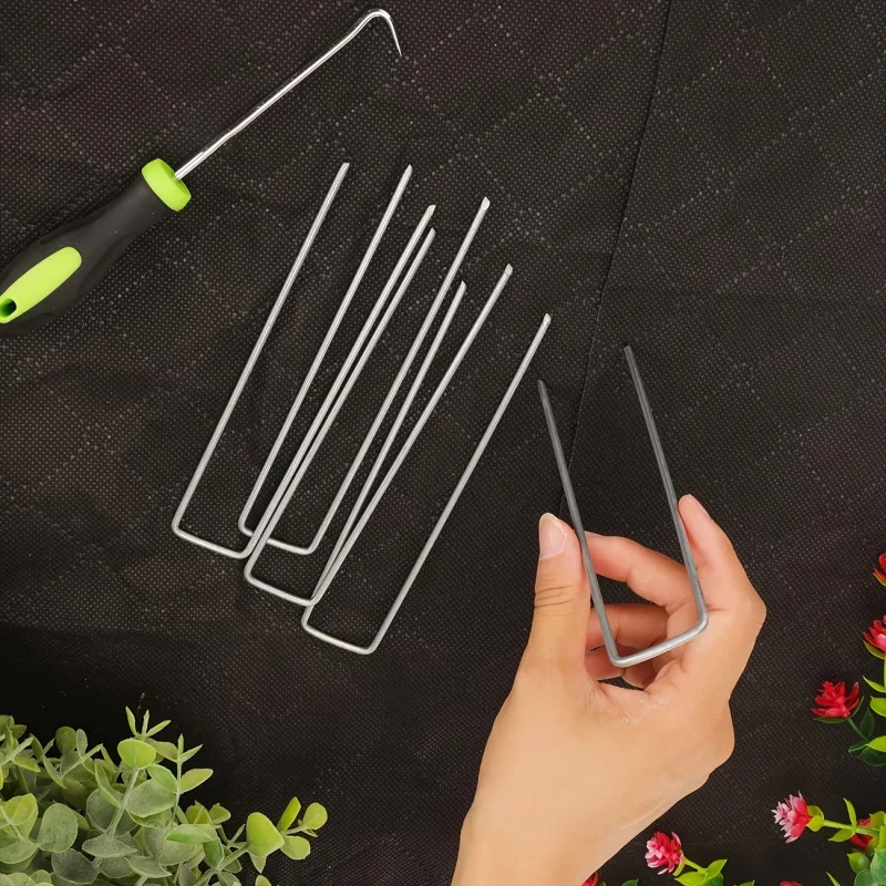 Duty U-Shaped Galvanized Iron Tent Stakes with Washers, for Outdoor Tents, Gardening Cloth, Landscape Cloth, Weed Barrier Cloth