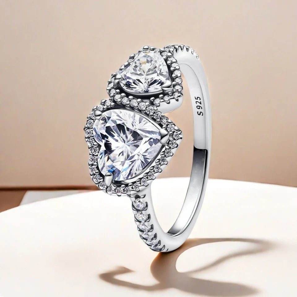 

Charming European Jewelry 925 Sterling Silver Sparkling Halo Hearts Ring for Women‘s Wedding Gift Ring