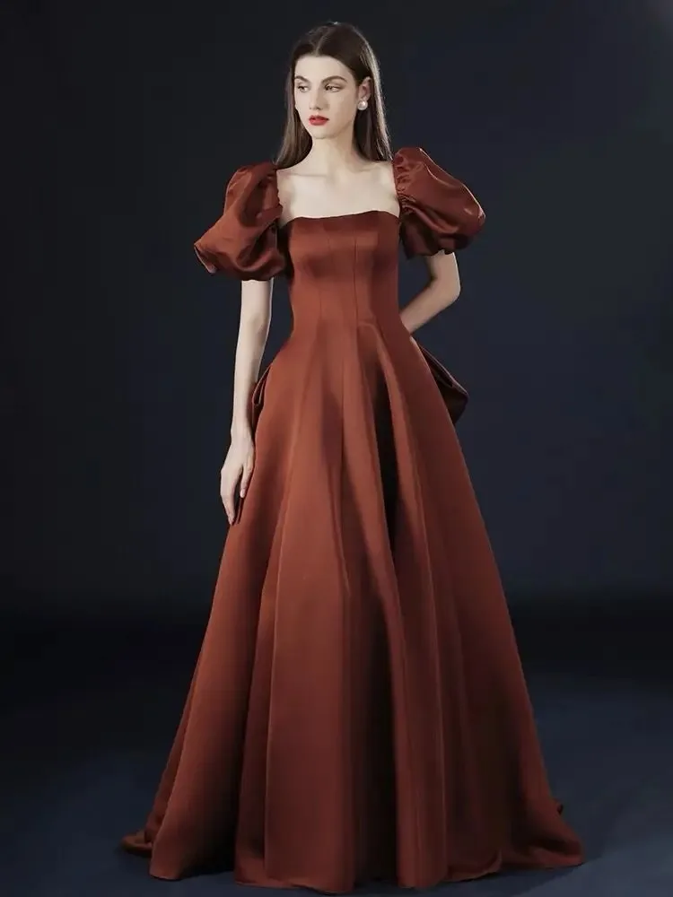 

Vintage Brick Red Prom Dresses Puff Sleeve Square Collar A-Line Satin Bow 2023 New Birthday Ceremony Celebrity Evening Dresses