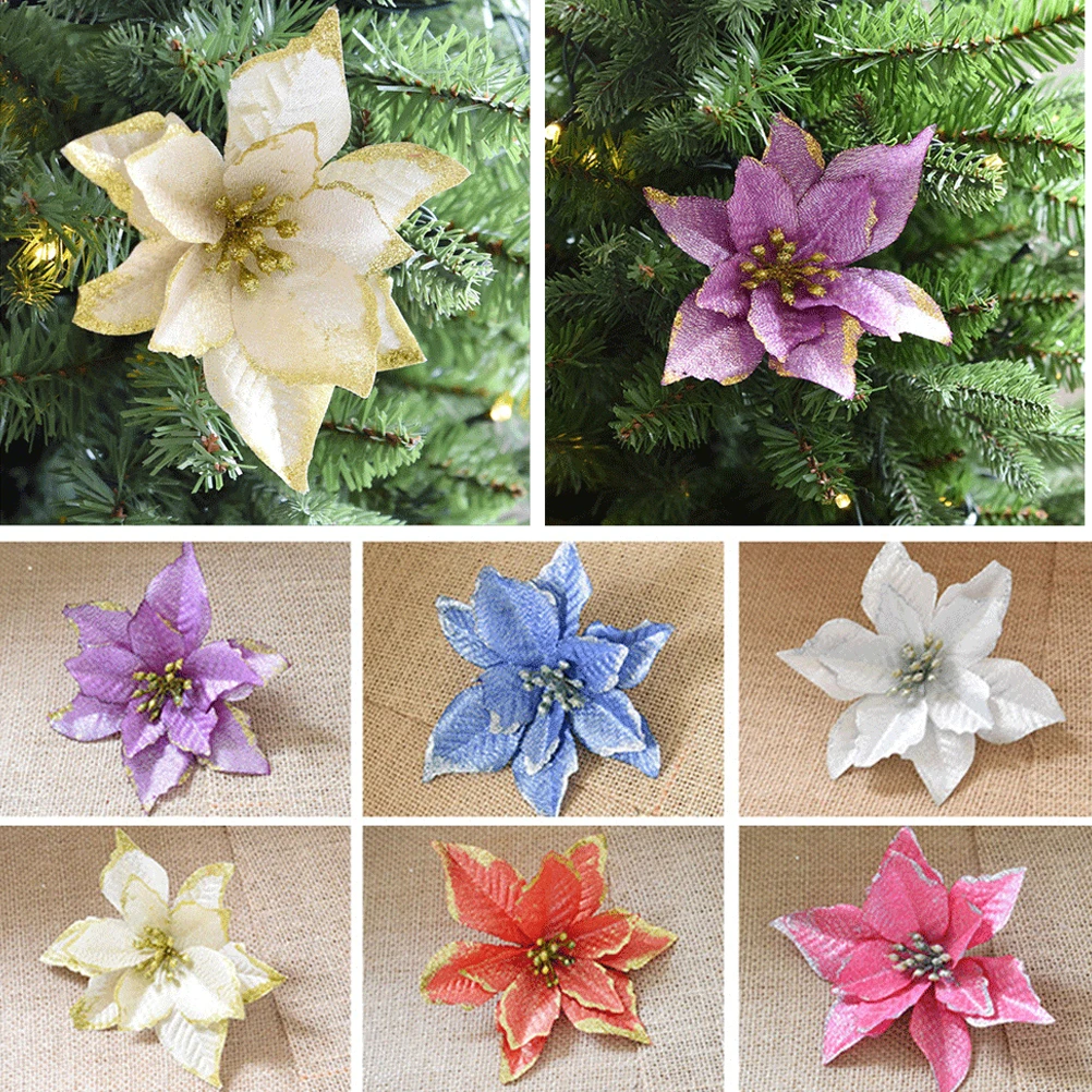 

24pcs Christmas Flower Decorative Simulation Glitter Artificial Flowers For Christmas Tree Wedding Party Decor Fake Floral
