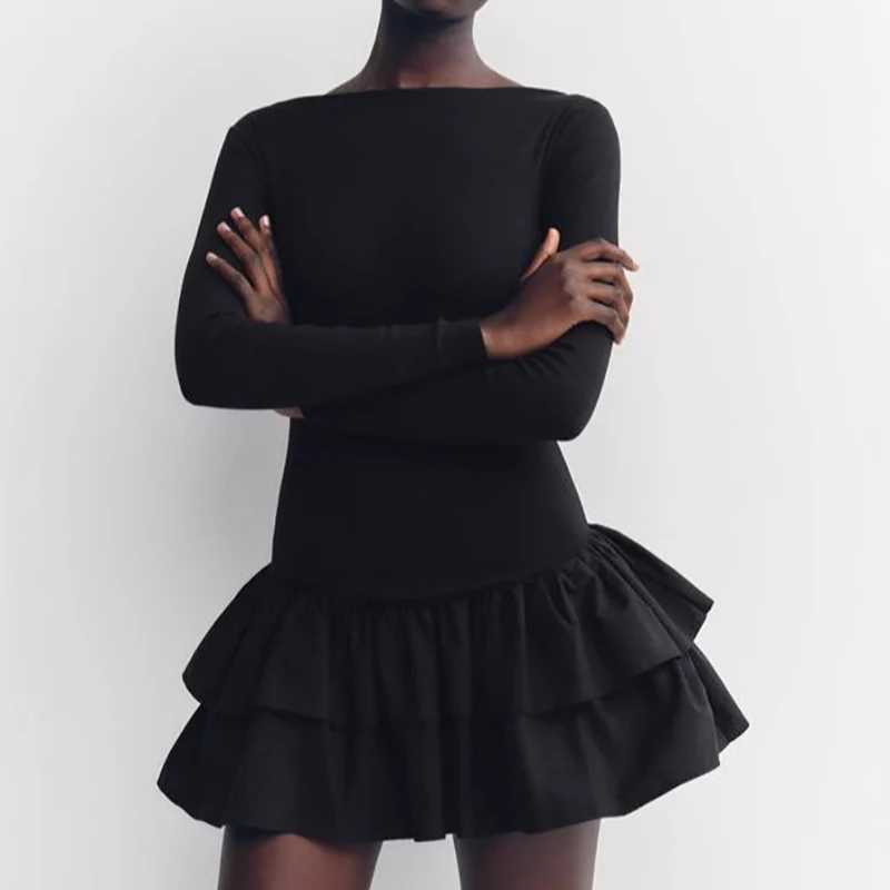 Women Fashion Solid Tierred Ruffle A-Line Dress Spring Elegant O Neck Slim Fit Mini Dress Autumn Long Sleeve Simple Boho Dresses