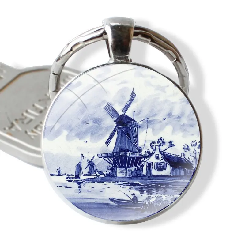 Dutch Blue Delft Vintage Sailboat Windmills Keychain Handmade Glass Cabochon Key Ring Holder Pendant Key Chains