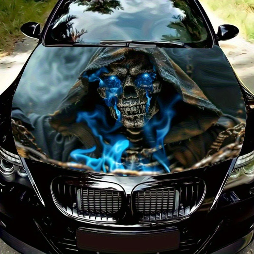 

Blue Eyes Skull Car Hood Vinyl Wraps, PVC Waterproof Car Bonnet Decals, Self-Adhesive Scratch-Resistant Stickers For Engine Cove