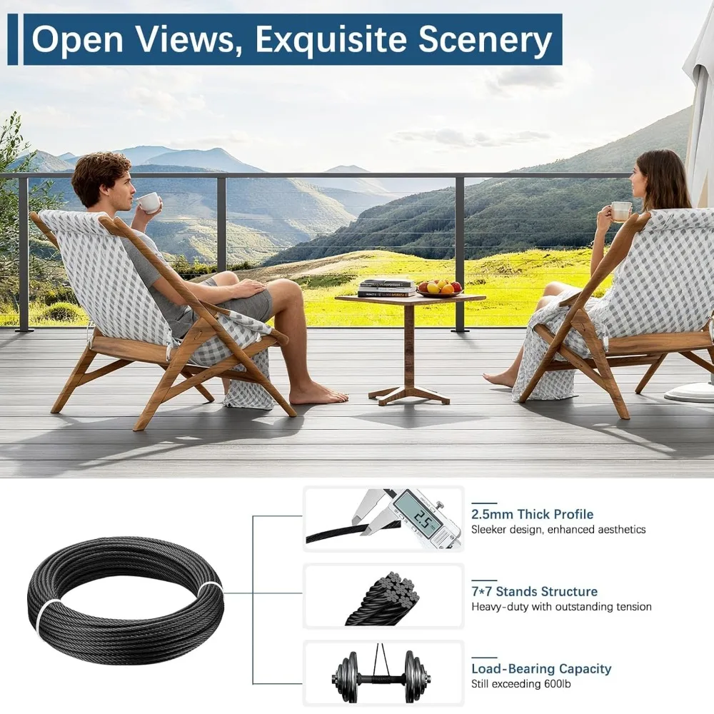 Economical Black Cable Railing System for Decks, 12-20FT, 36 Inch Posts, 4-Level, SST304 U Stainless Steel Kit