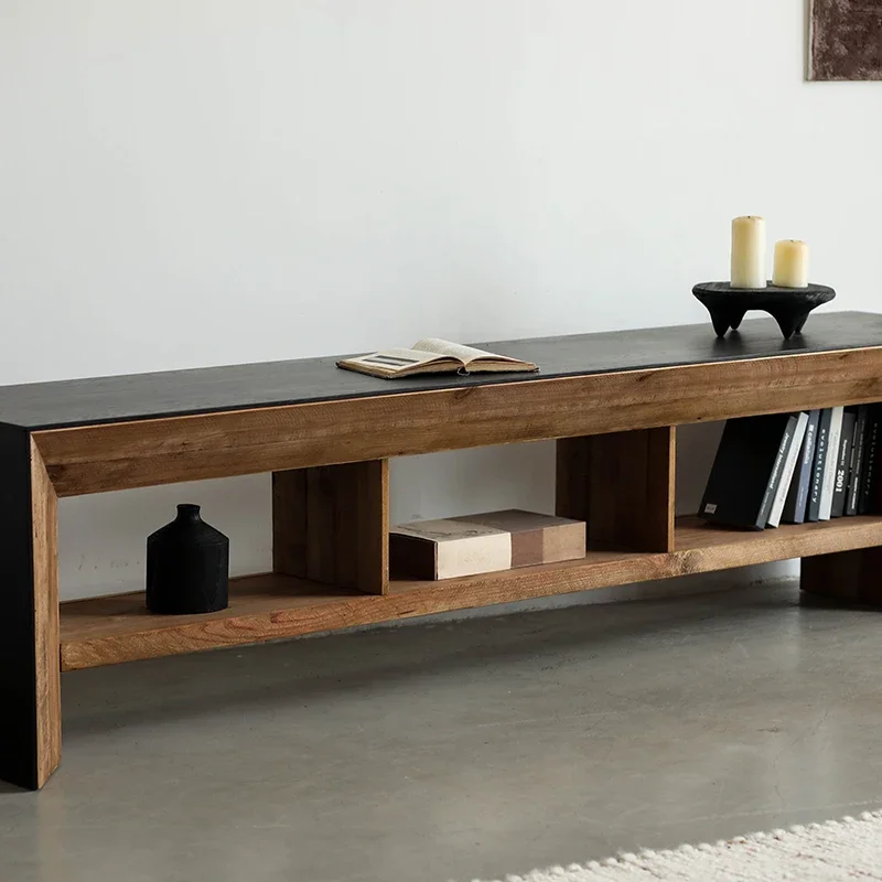 

Wabi Sansan black solid wood TV cabinet 2.4 meters old pine + oak sticker living room small apartment floor-to-ceiling furniture