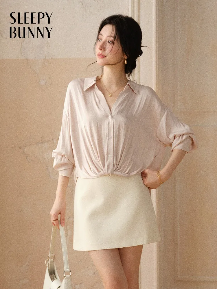 

Women Satin Shirt Skirt Set Elegant Lapel Blouse High Waist A Line Mini Skirt Two Piece Outfit Loose Fit Summer Office Wear Lady