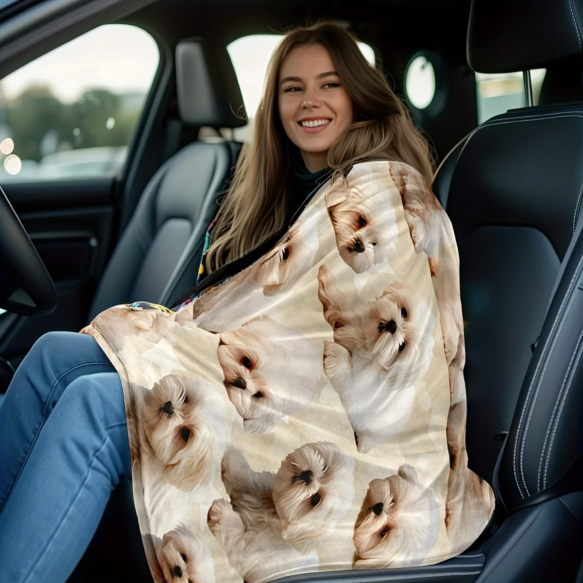 1pc Adorable Puppy Face Printed Throw Blanket, Light Soft White Flannel All‑Season Blanket for Sofa, Bed, Travel and Camping