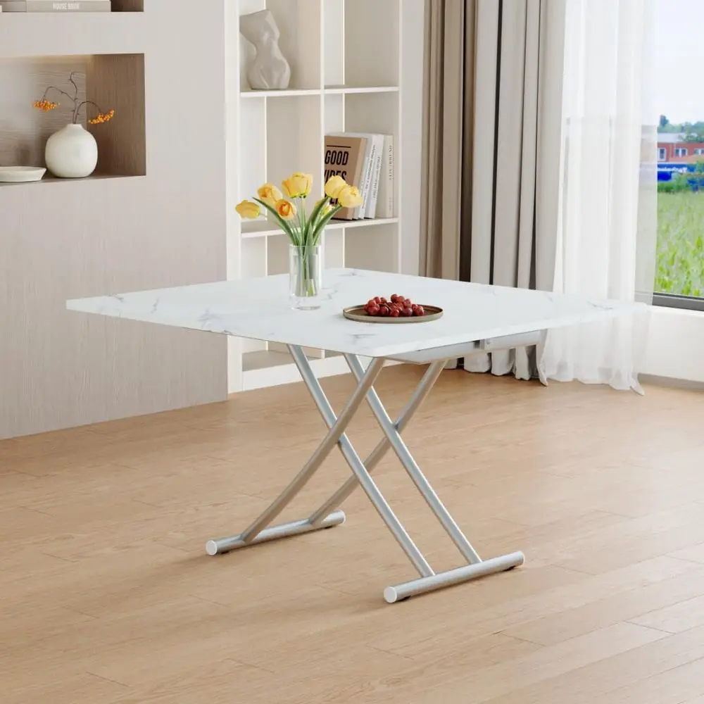 

Space-Saving Adjustable Dining Table for 2-4, White Drop Leaf, Transforming Kitchen Table, Scratch-Resistant Metal Edge