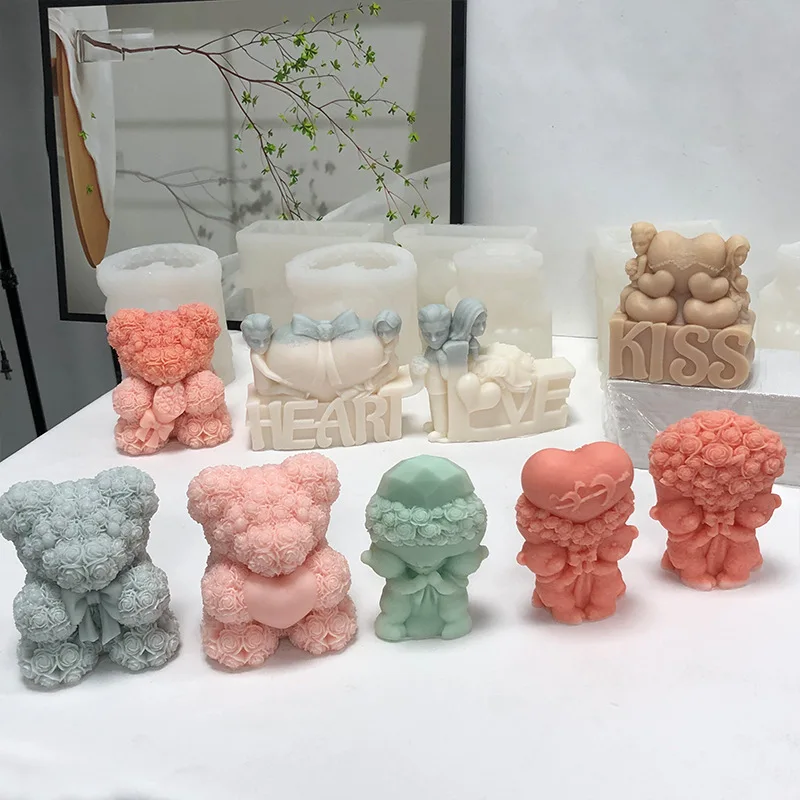 3D 곰 포옹 사랑 실리콘 양초 몰드, DIY 귀여운 곰 애완 동물 양초 만들기 용품, 수제 비누 석고 송진 몰드 홈 데코 선물