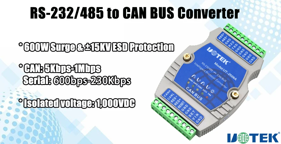 RS232 RS485 to CAN BUS Converter CAN 2.0 Protocol Adapter With 15KV ESD Protection UT-2506A