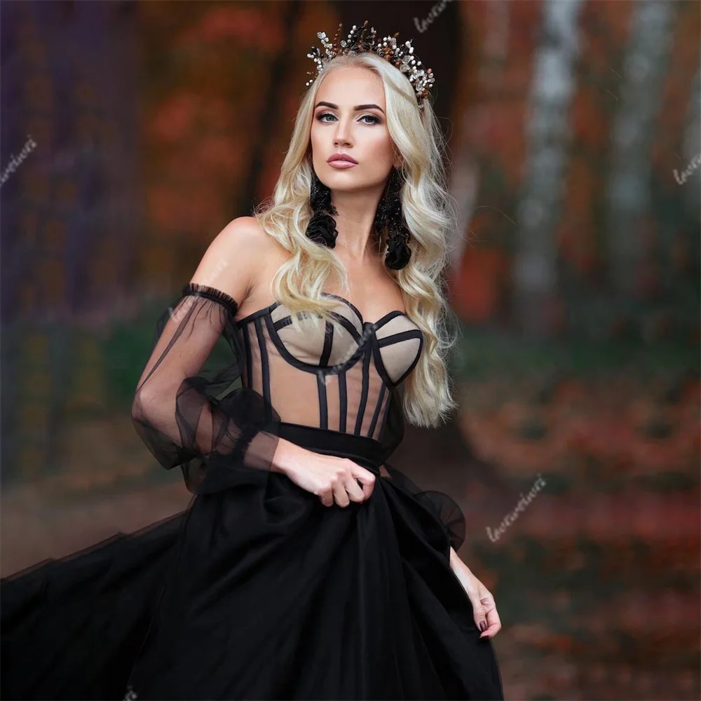 Gothic Zwarte Avondjurk Off The Shoulder Sweetheart Prom Jurken Lange Mouwen Tule Prachtige Formele Feestjurken Vestido