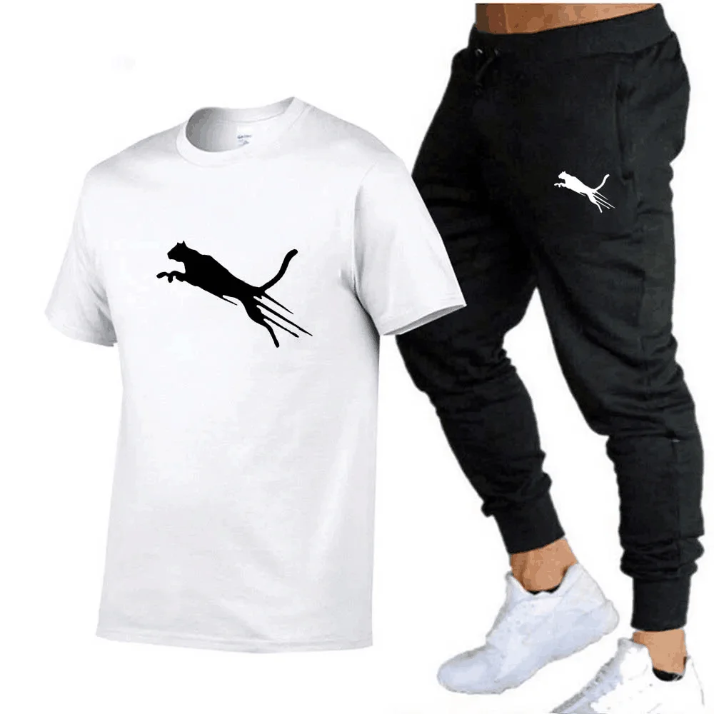 Cotton Men's Matching T-Shirt And Casual Black Pants Set, Basic T-Shirt, Summer Sportswear, High-Quality Fashion, Two-Piece Set