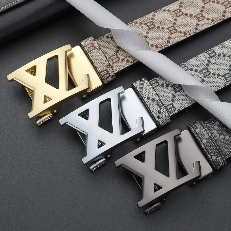 Men Luxury Letter Print Automatic Buckle Belt Fashion Designer PU Leather Waist Strap Business Casual Ratchet Belts