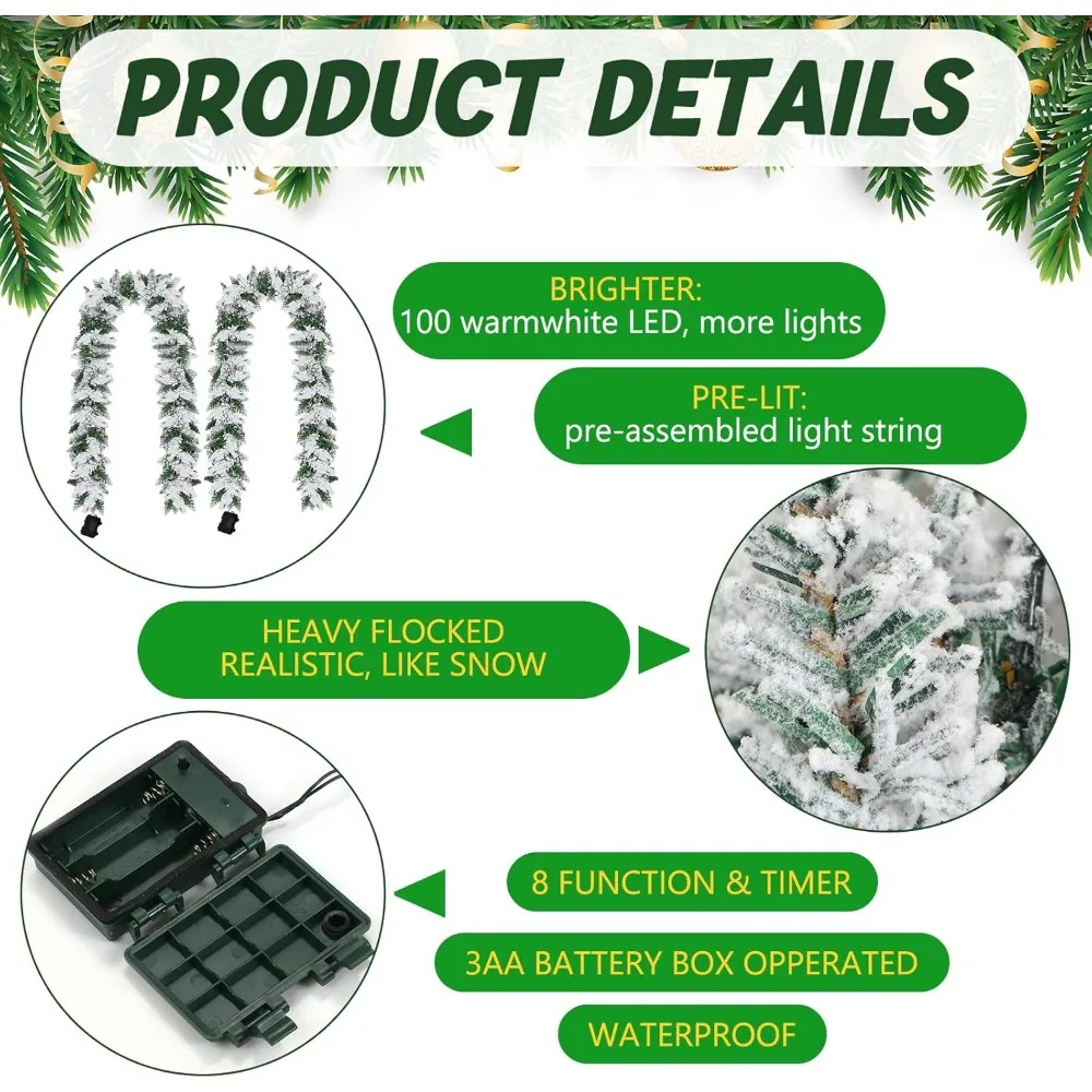 إكليل عيد الميلاد المتجمع بالثلوج المضاء مسبقًا يعمل بالبطارية مع 100 مصباح LED أبيض دافئ، إكليل من الأرز بطول 9 أقدام، وظيفة مؤقت، قطعتان Se