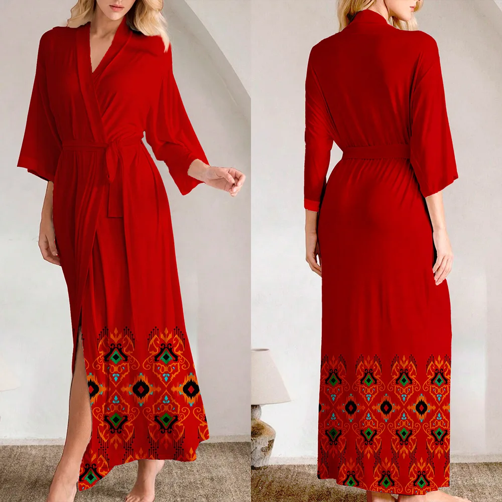 

Women's Chiffon Kimono Robe Long Sleeve Ethnic Print Loungewear Soft Comfy Homedress Belted Coverup Casual Sleepwear Bathrobe