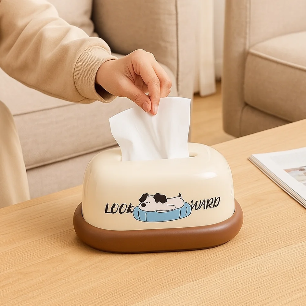 Cute Cream Style Desktop Tissue Box Decorative Plastic Tissue Rack Cartoon Pattern Napkin Holder Dining Table