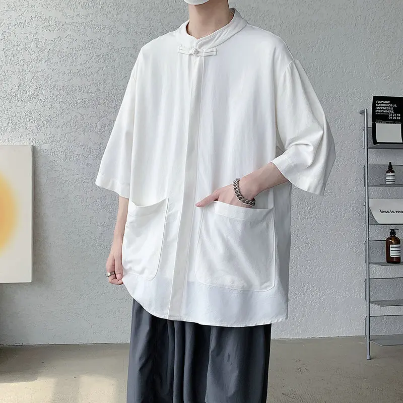 Oversized Men Shirts Cotton Linen Harajuku Style Short Sleeve Shirt Men Loose Trend Solid Color Casual Male Hip Hop Tops 5XL