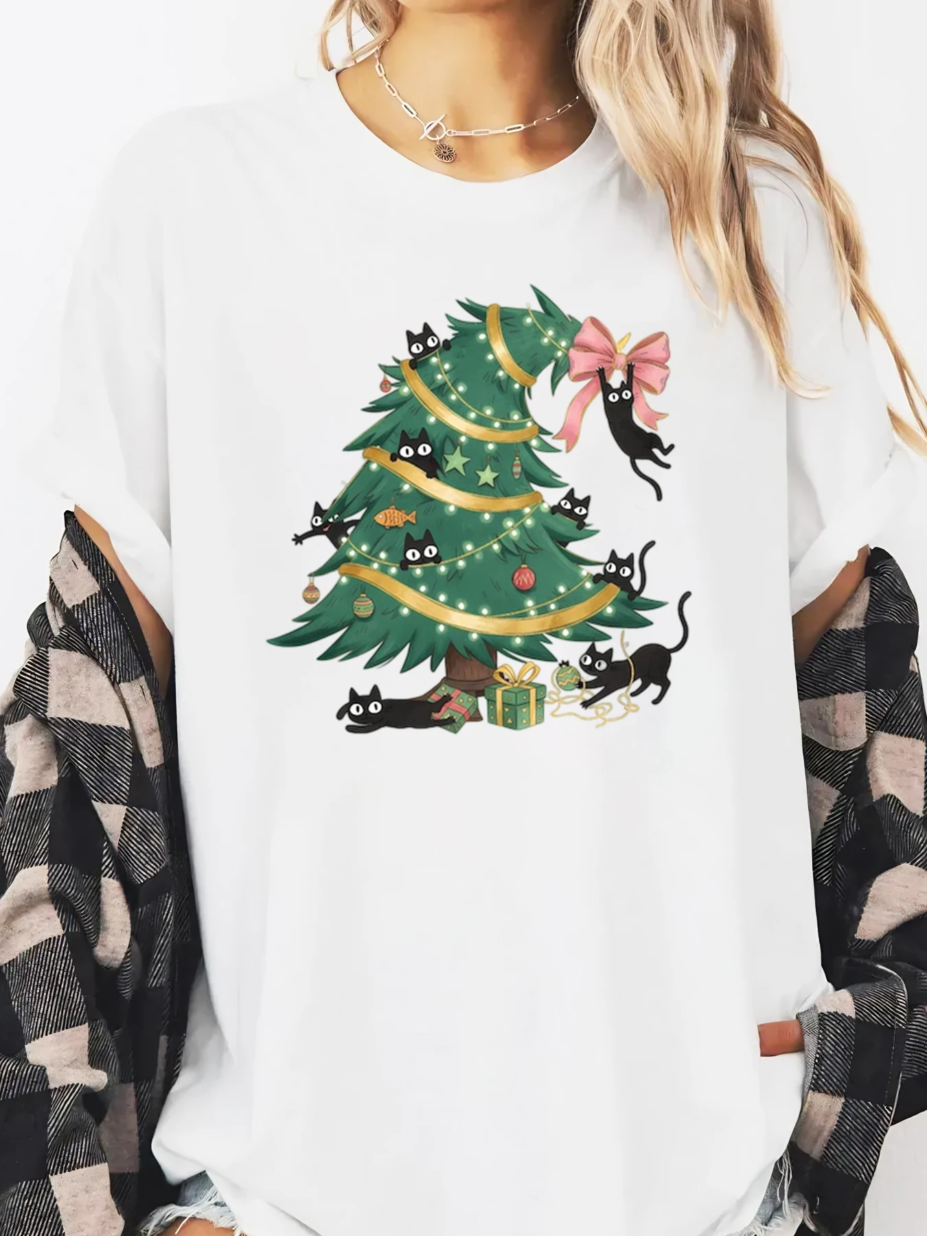Katten Kerstboom Print Vakantie T-shirt met lange mouwen Dames Vrijetijdskleding Wit Plus-maat