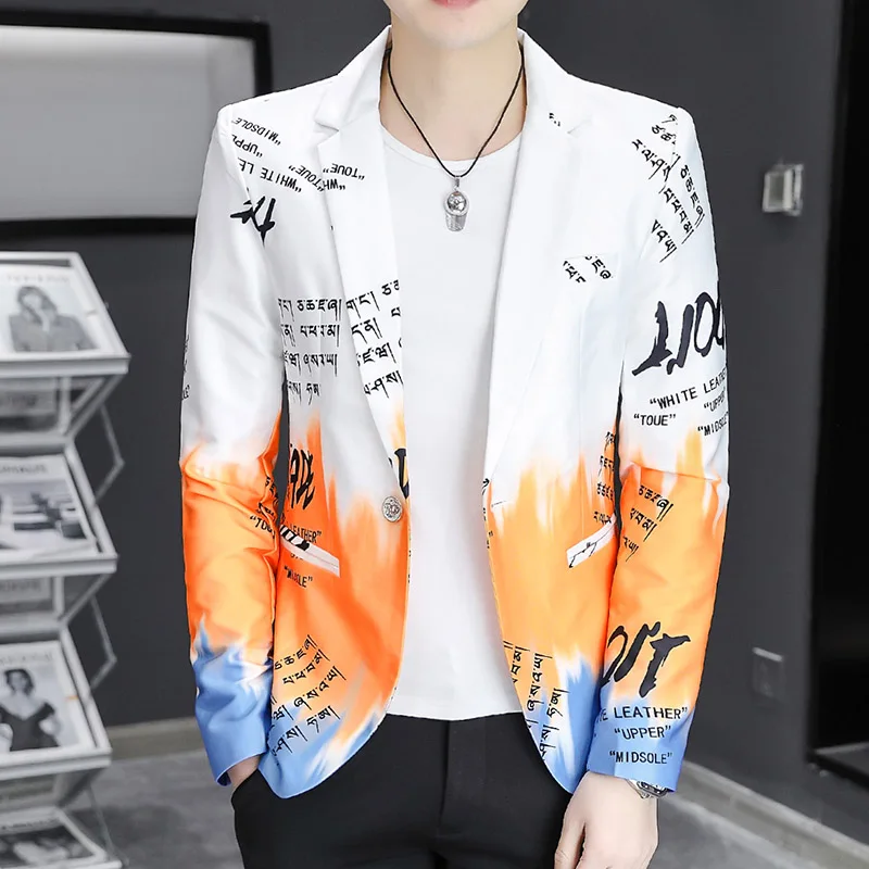 

Spring and Autumn New Men's Letter Printed Color Blocked Suit Coat High Quality Fashion Slimming Ball Dress Coat Men's Clothing