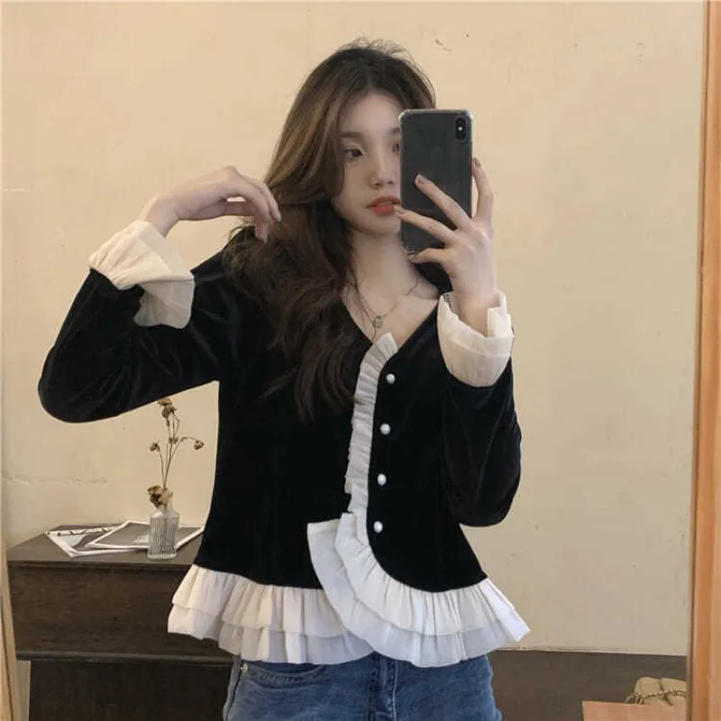 قميص مخملي للفطريات والشجرة الصالحة للأكل للنساء ، كم واسع ، قميص برقبة حرف V ، مناسب للجسم ، تصميم مرقع عتيق ، عصري للسيدات في المكتب ، إنز ، شتوي