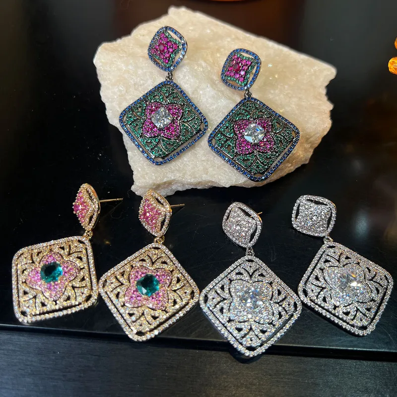 Bohemian retro ethnic style diamond-embellished geometric earrings for women, water drop hollow design, unique niche holiday ear