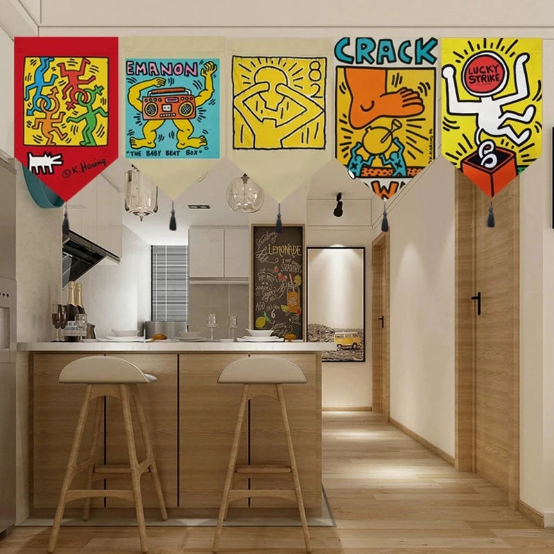 VIKAMA Keith Haring Pop Art Triangle Banner, 6 Assorted Designs, Wall Hanging Art for Bedroom Living Room