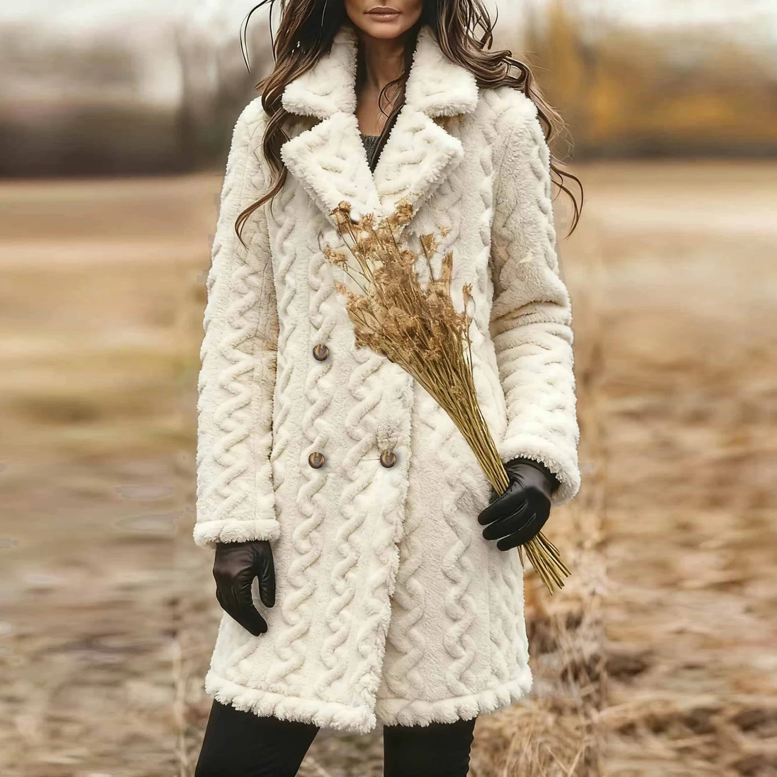 

Winter New Women Fleece Coat Fashion Casual Long-Sleeved Double-Breasted Mid-Length Overcoat Comfortable Female Warm Coat