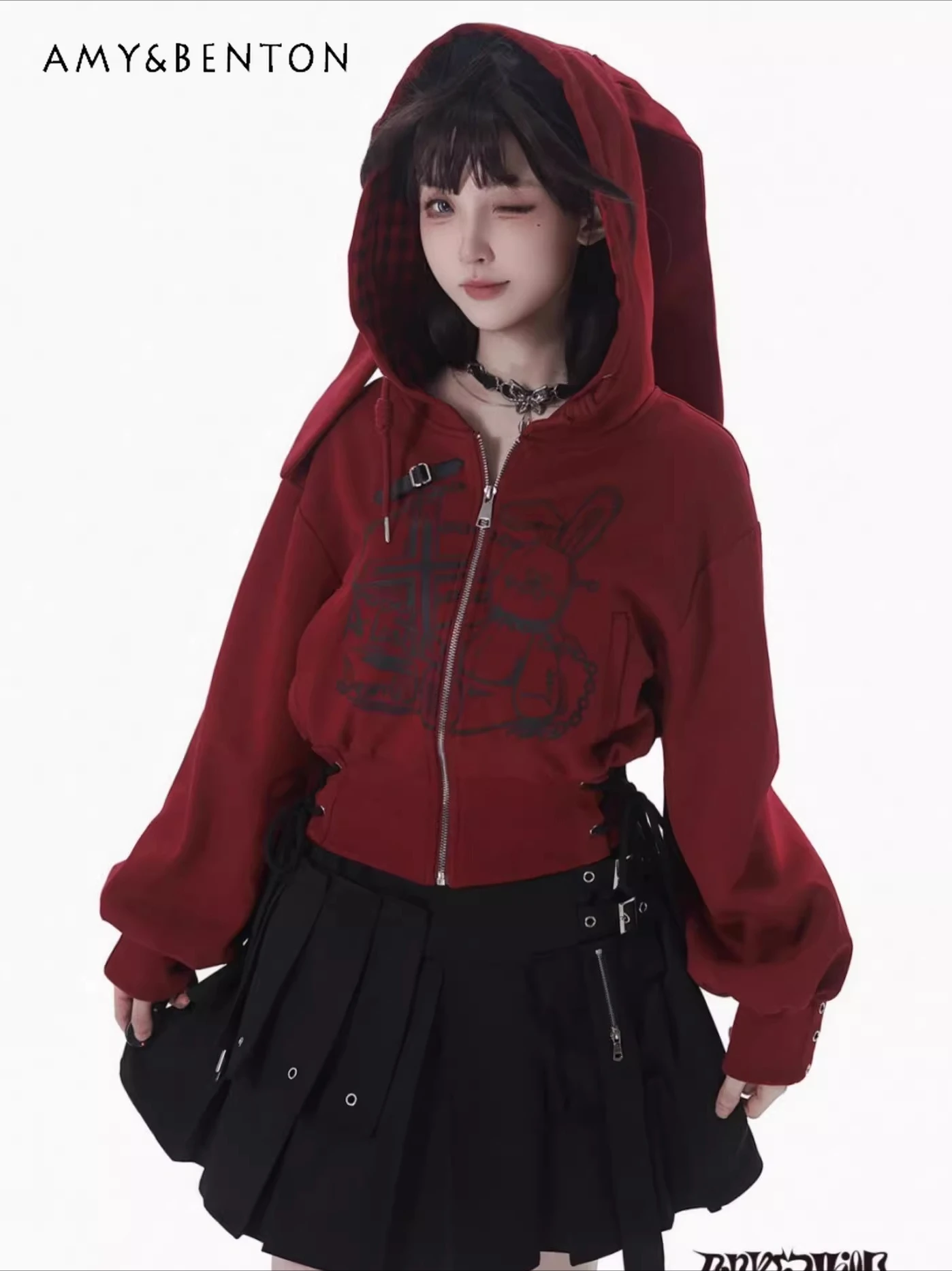 Pinksavior Original doux mignon imprimé lapin oreille Zip veste à capuche plissée jupe irrégulière automne hiver Harajuku Style tenues