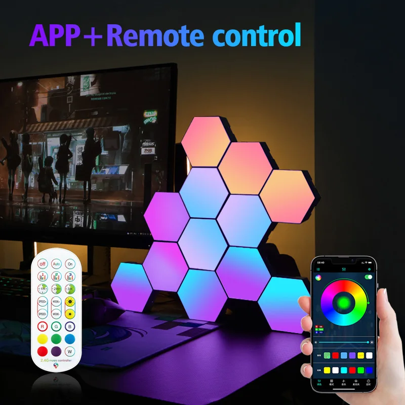 Imagem -02 - Rgb Lâmpada de Parede Hexagonal Inteligente Mudança de Cor Luz Noturna Ambiente Forma Dyi Música Ritmo App Controle para Sala de Jogos Quarto